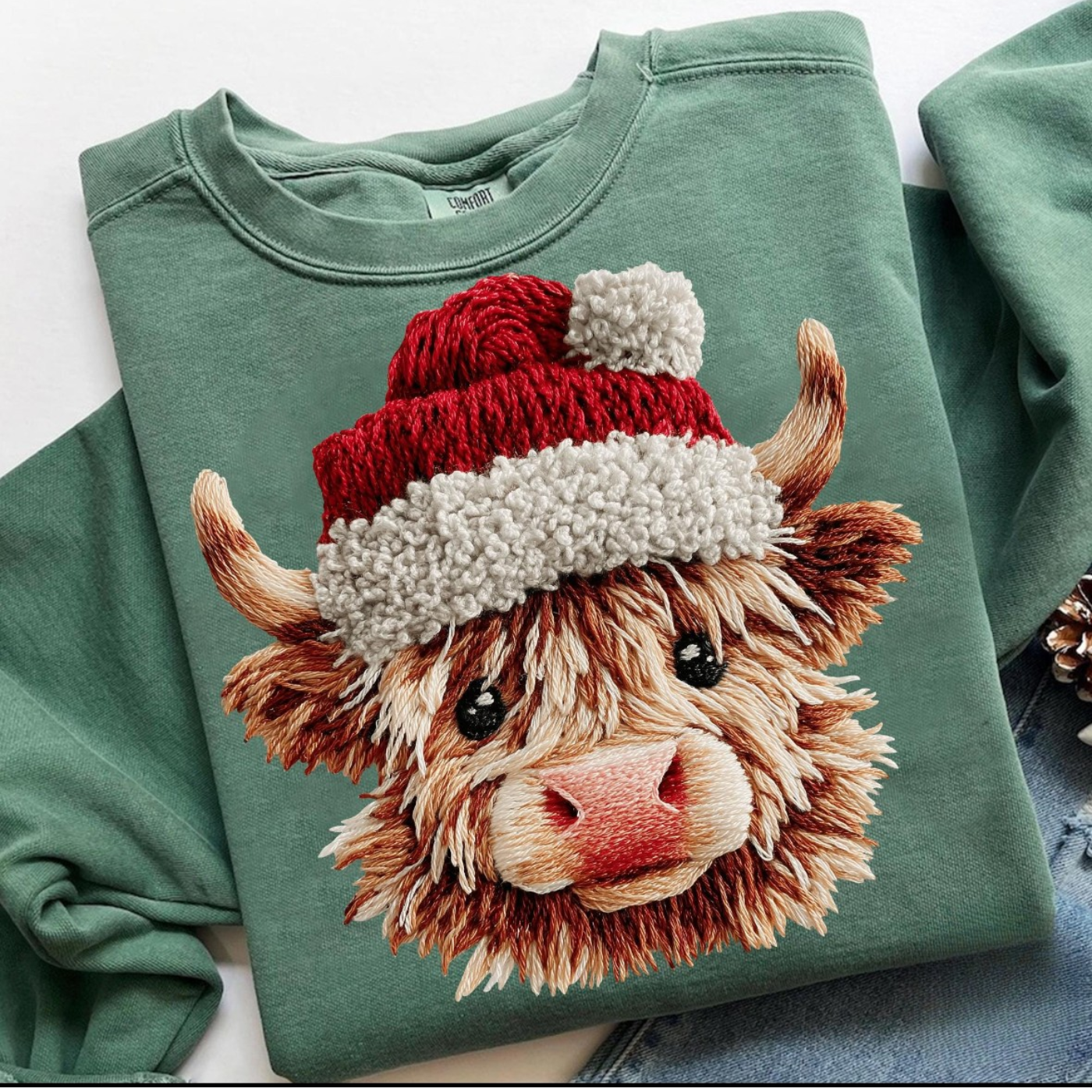 Christmas Highland Cow Green Sweatshirt