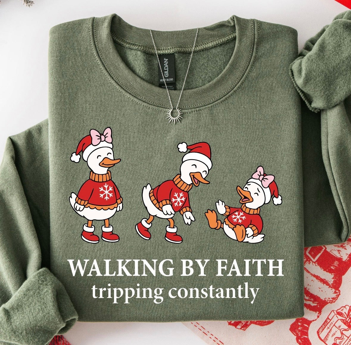 Walking By Faith Christmas Goose Military Green Sweatshirt