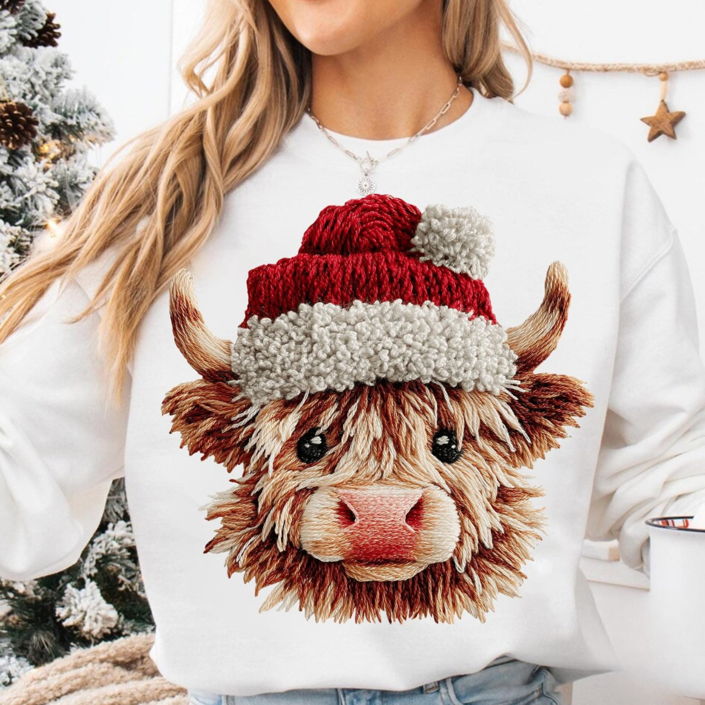 Christmas Highland Cow White Sweatshirt